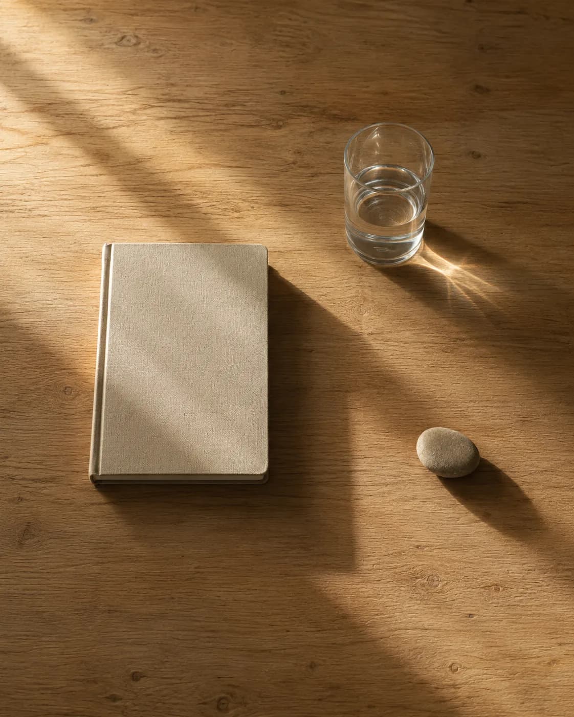 A closed notebook, a glass of water, and a pebble on an oak table in morning sun