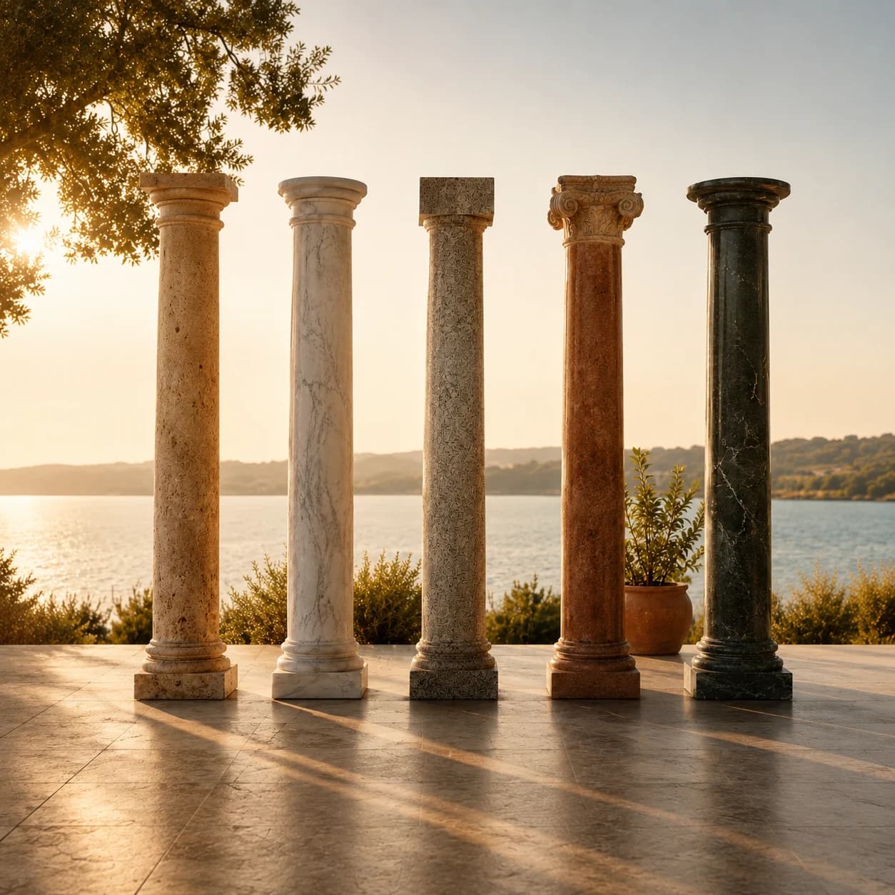 Five stone pillars at golden hour, sea and sky behind them