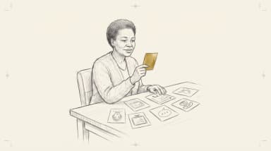 Graphite pencil sketch of a woman at a desk studying hand-drawn format cards, lifting one gold card