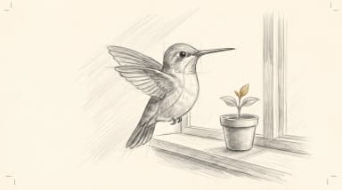 Graphite pencil sketch of a hummingbird hovering beside a potted seedling on a windowsill, one leaf in gold