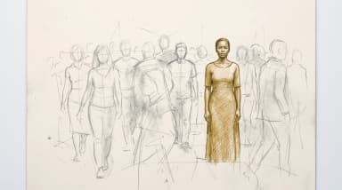 Graphite pencil sketch of a crowd of faintly drawn figures, with one Black woman drawn fully and shaded in gold standing among them