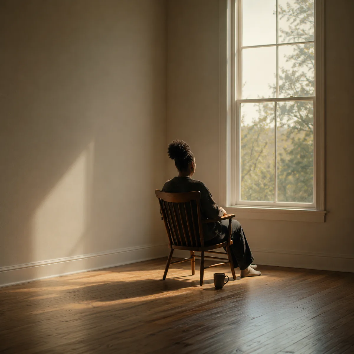 A woman seated in a quiet sunlit room, looking out of a tall window