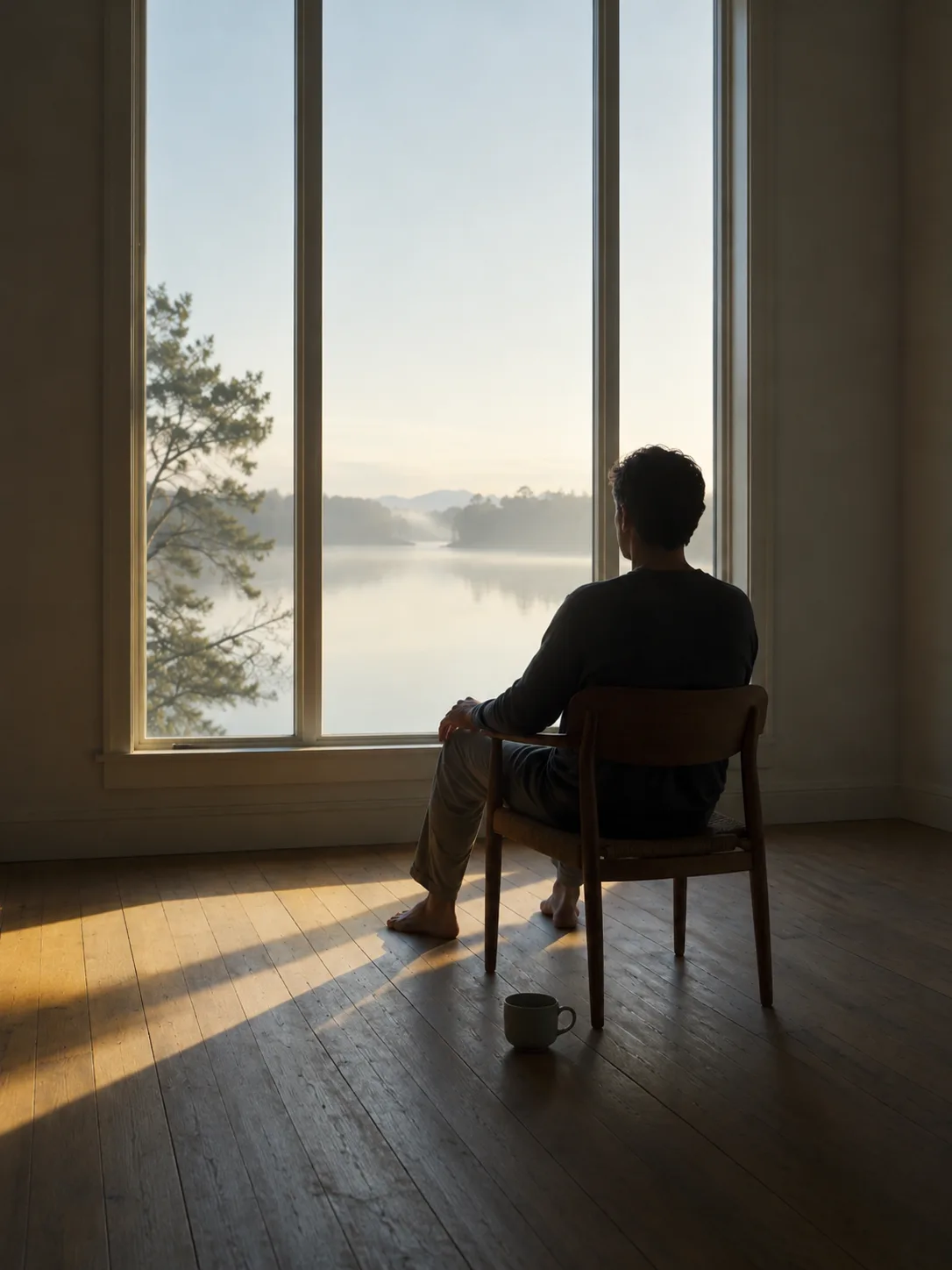 A man seated by tall windows, looking out over a misty lake at first light