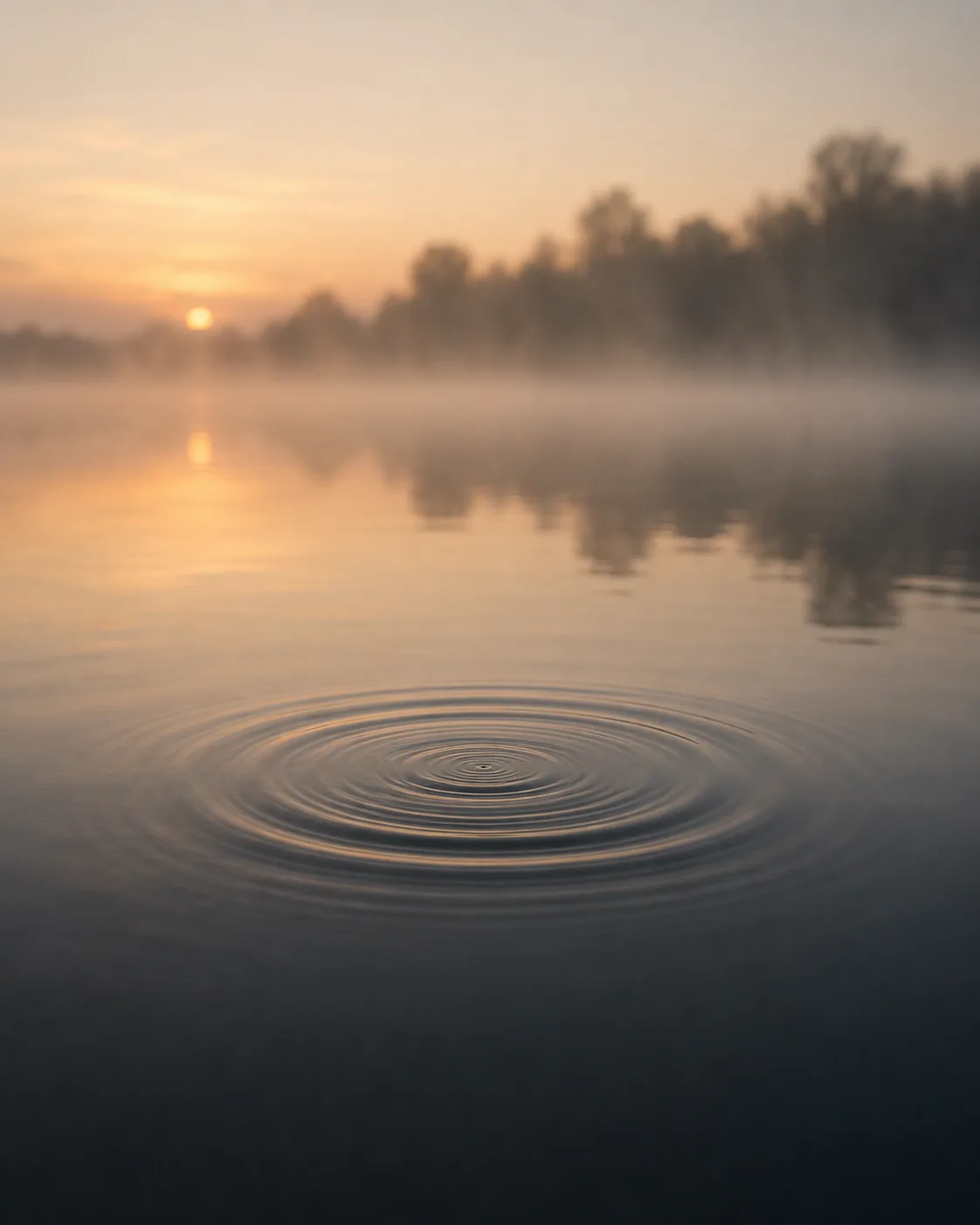 Ripples widening on a still lake at sunrise