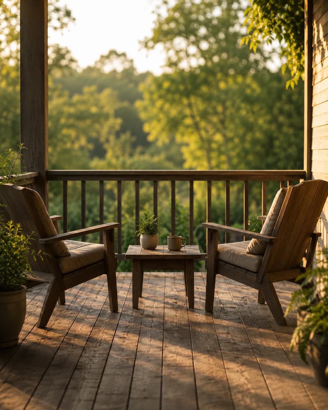 Two wooden chairs and a small table on a porch at golden hour