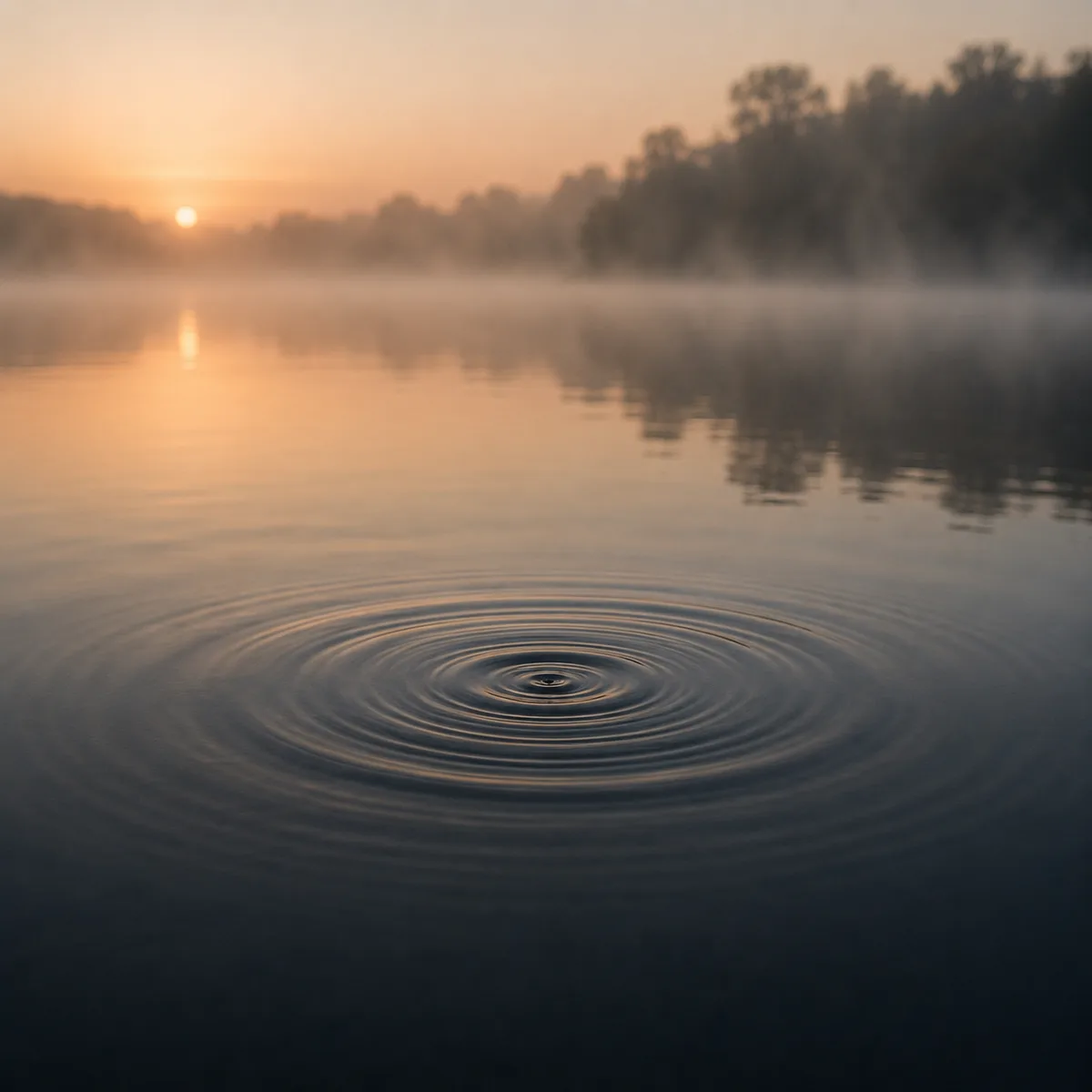 Ripples widening on a misty lake at sunrise