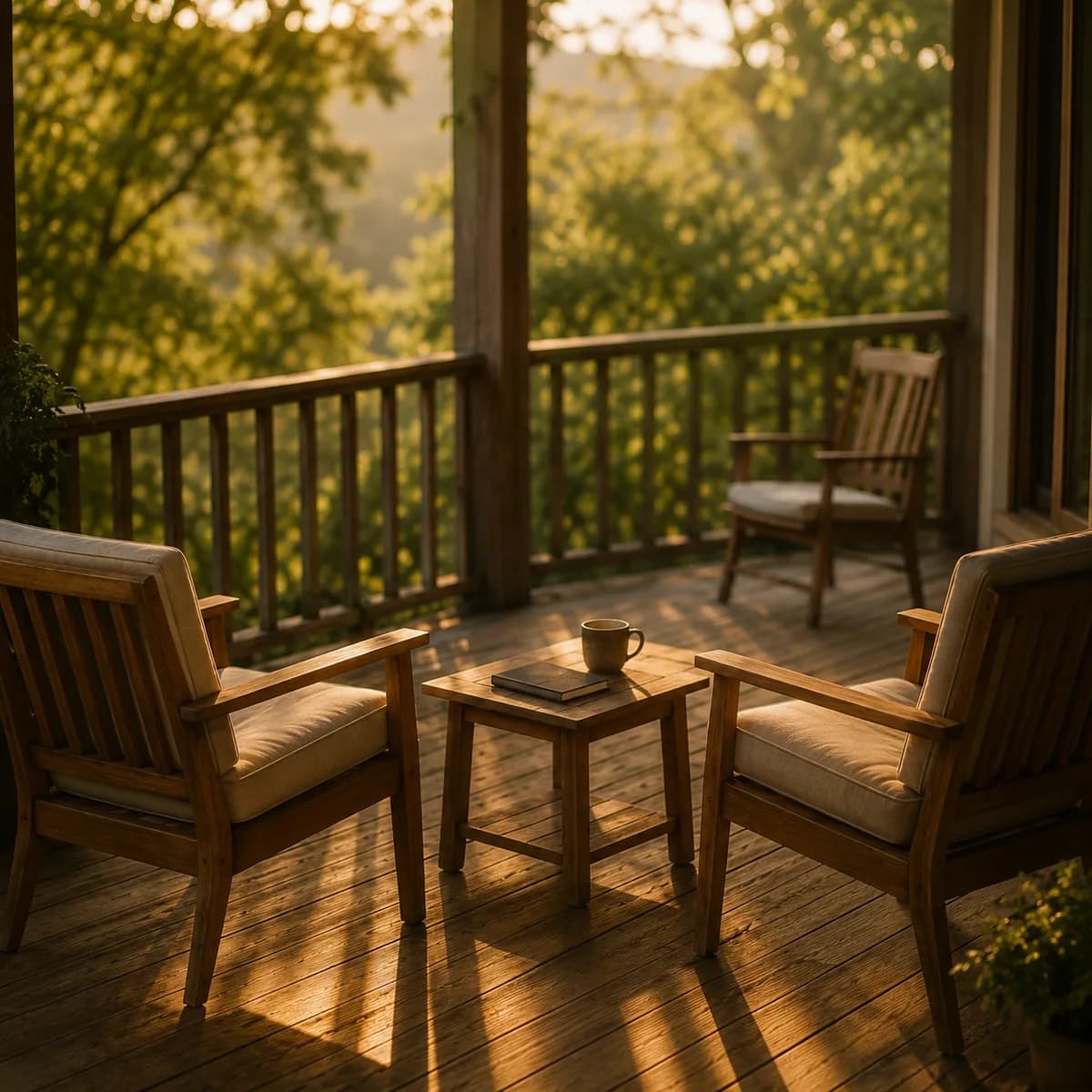 Two porch chairs and a small table with a book and mug at golden hour