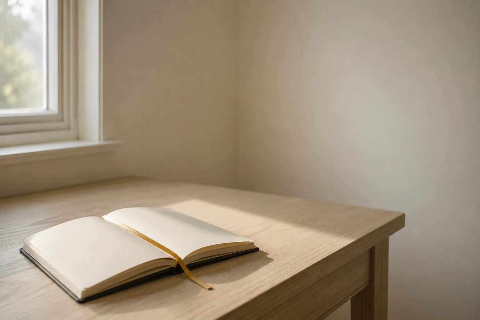 An open notebook with a gold ribbon on an oak desk beside a bright window