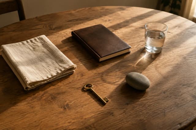 A brass key resting on a sunlit oak table