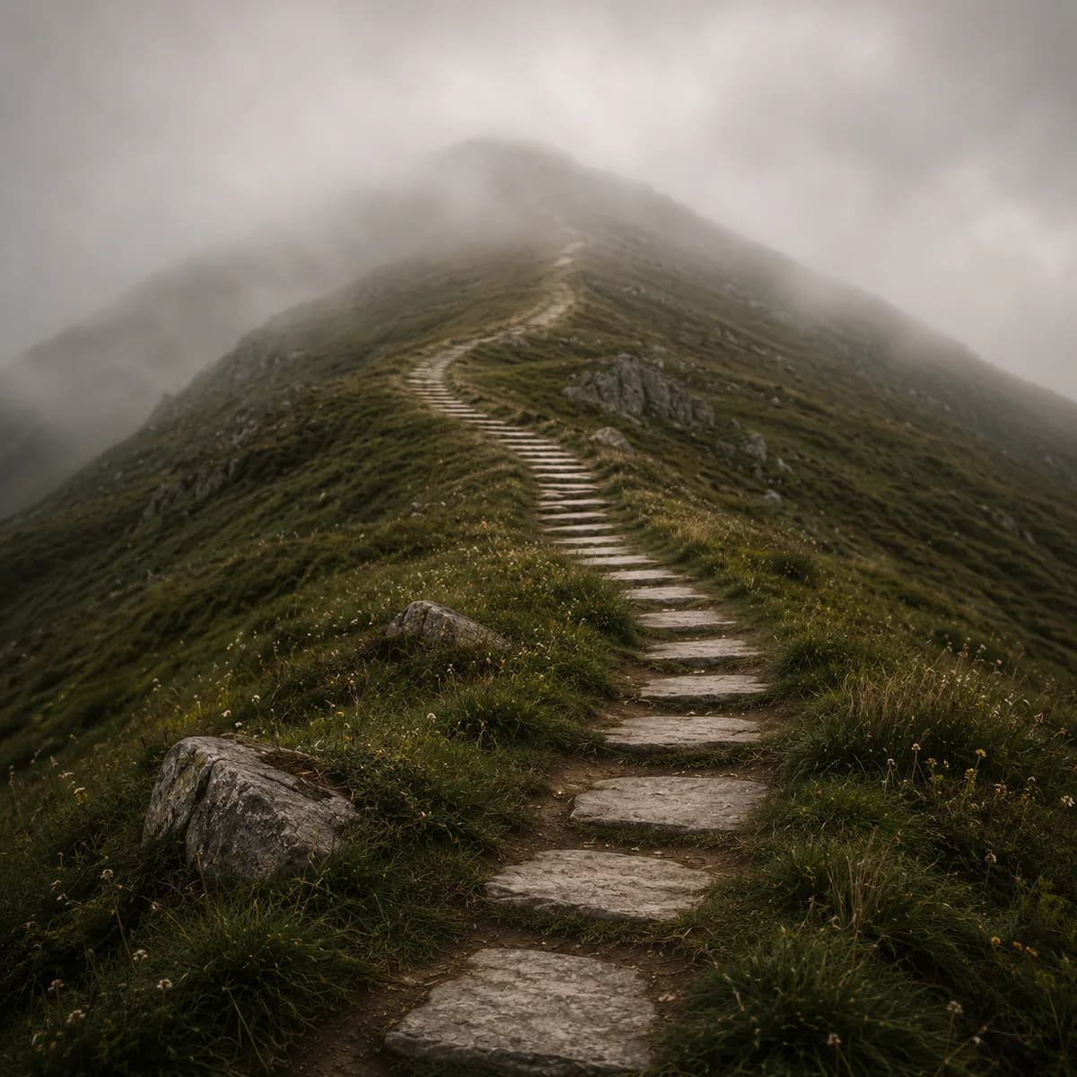A stone path climbing a grassy ridge into the mist