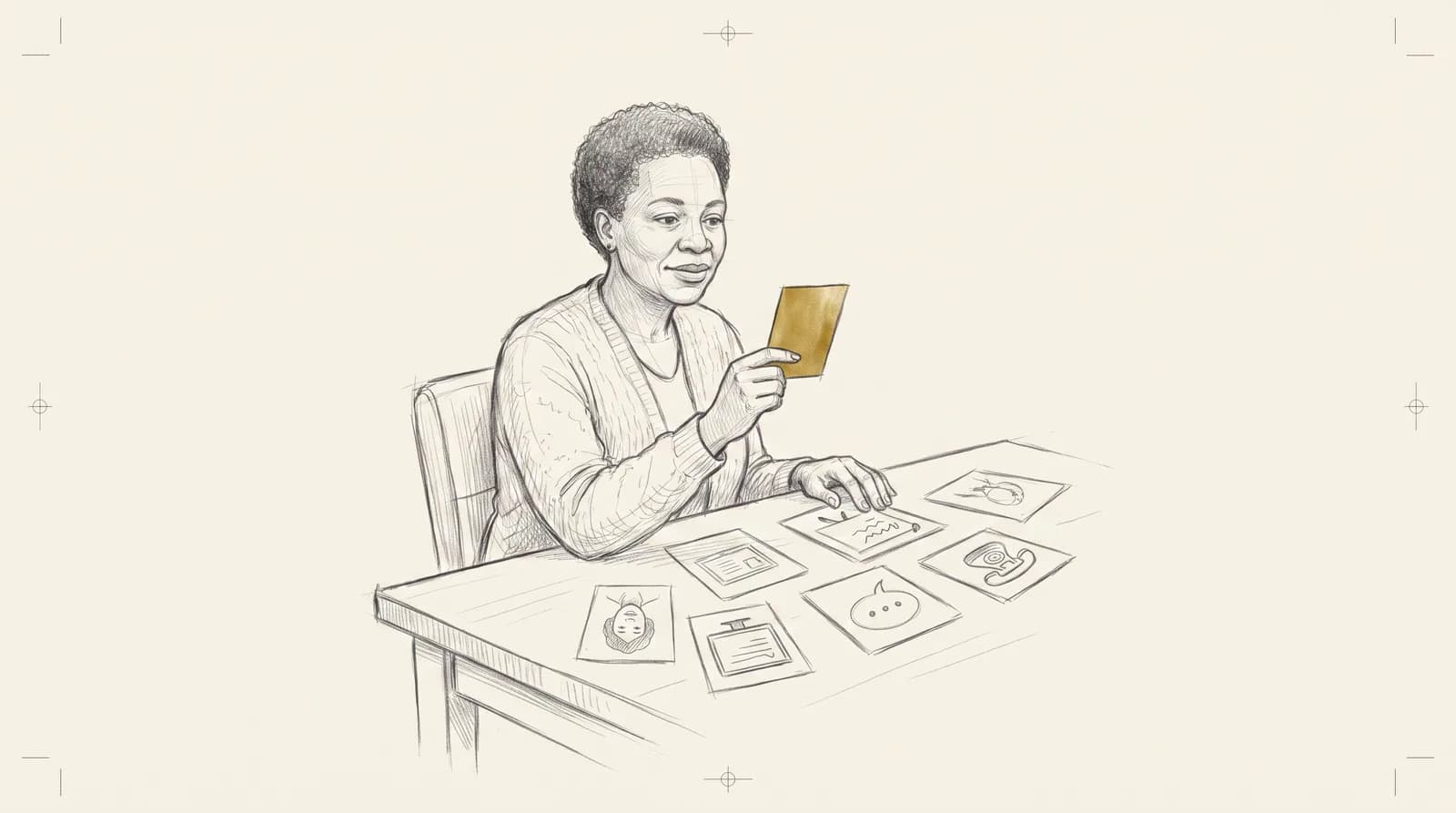 Graphite pencil sketch of a woman at a desk studying hand-drawn format cards, lifting one gold card