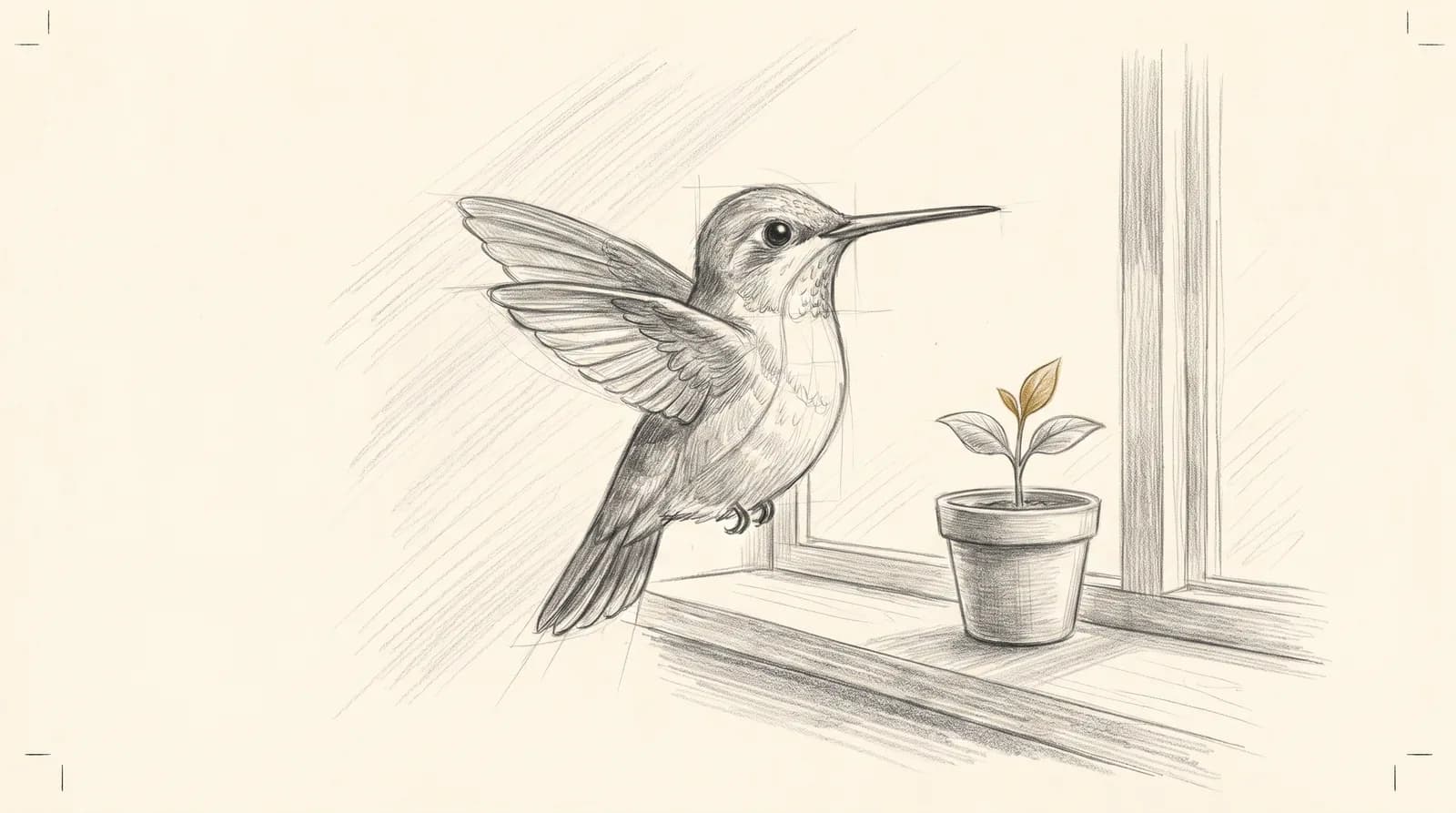 Graphite pencil sketch of a hummingbird hovering beside a potted seedling on a windowsill, one leaf in gold