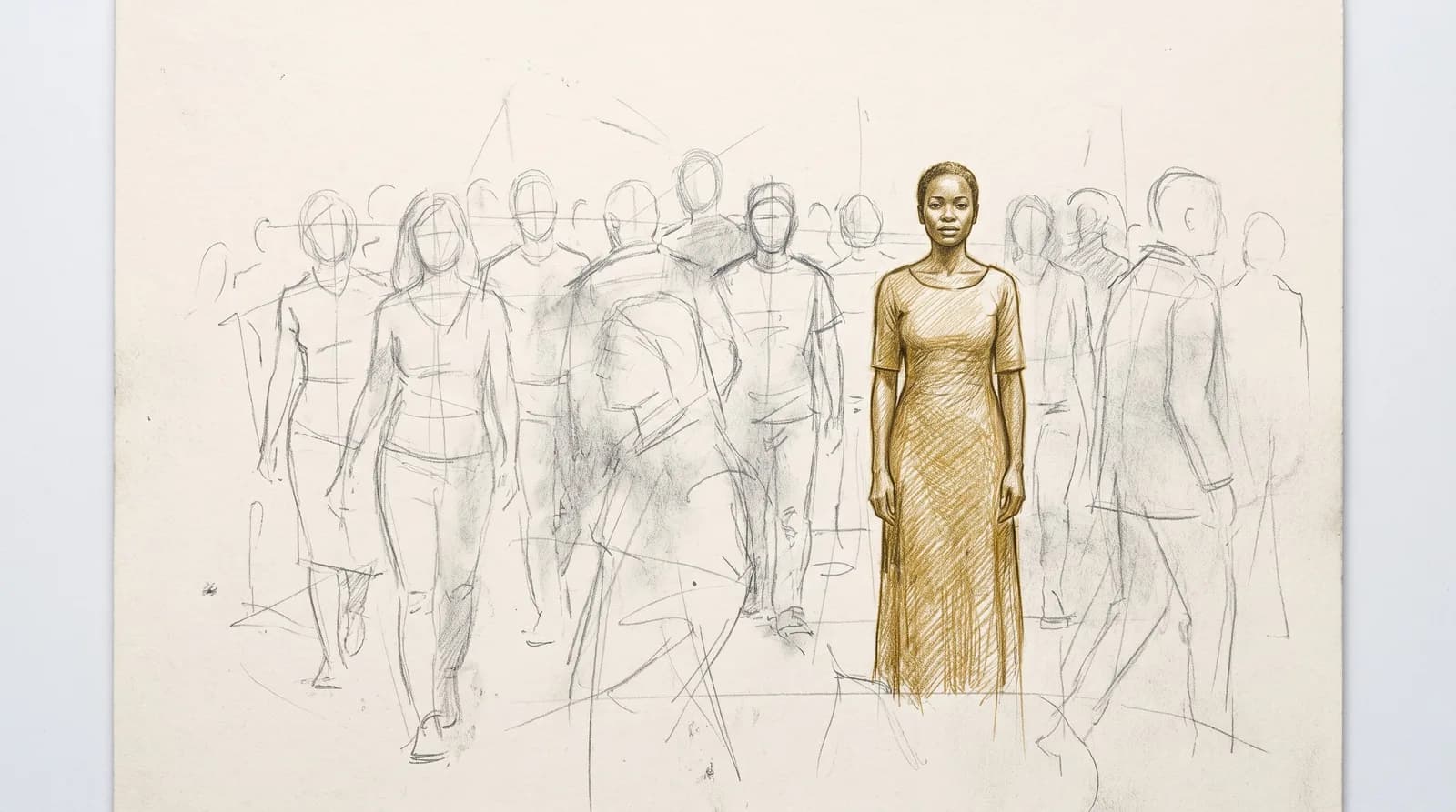 Graphite pencil sketch of a crowd of faintly drawn figures, with one Black woman drawn fully and shaded in gold standing among them